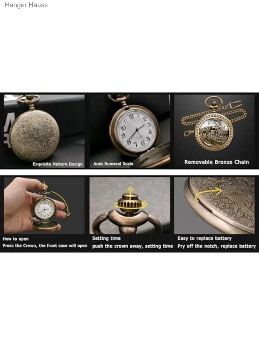 Vintage Bronze Steam Train Mens Quartz Pocket Watch with Chain